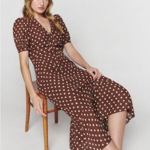 Reformation Reeds Dress In Au Lait Brown Polka Dot Midi Dress